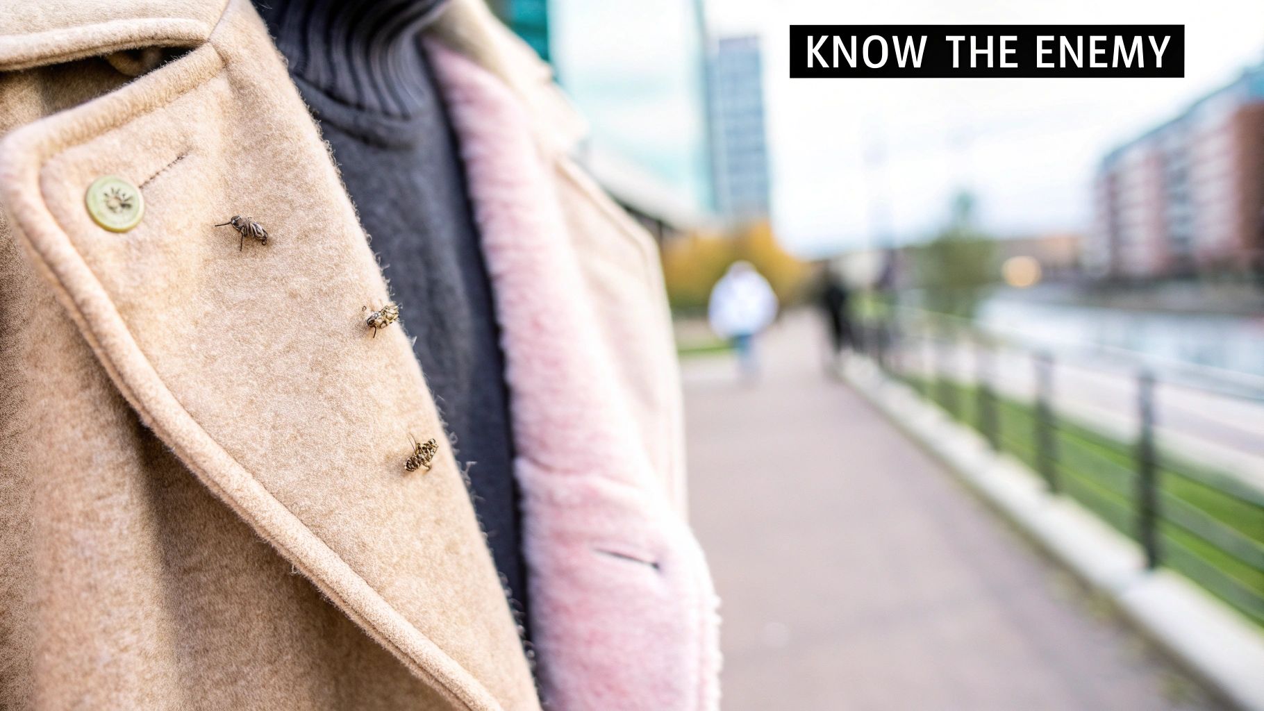 Three moths cling to a person's beige wool coat lapel in an outdoor city scene.