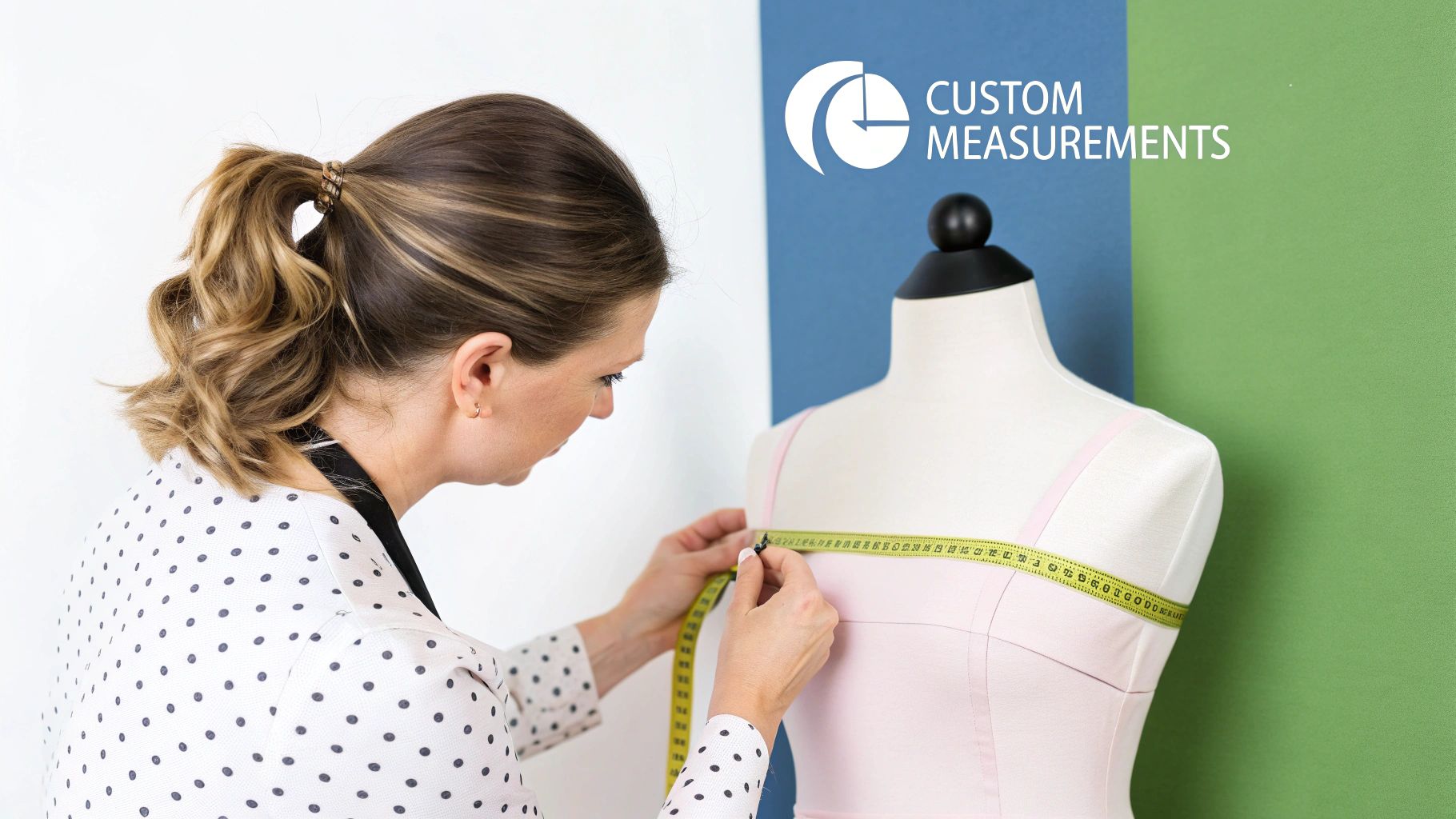 Woman using an adjustable mannequin for sewing