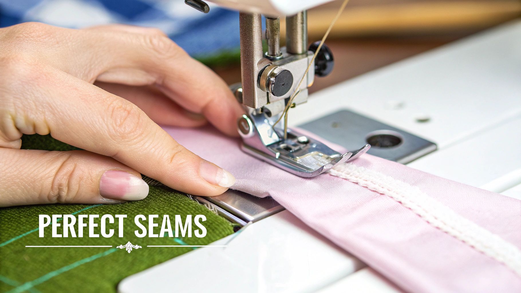 Close-up of hands guiding pink fabric with white trim under the needle of a sewing machine.