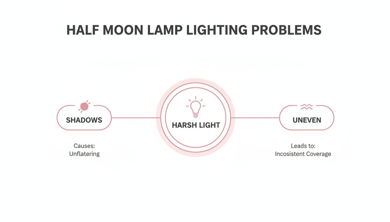 Infographic illustrating half moon lamp lighting problems: harsh light, shadows causing unflattering results, and uneven coverage.
