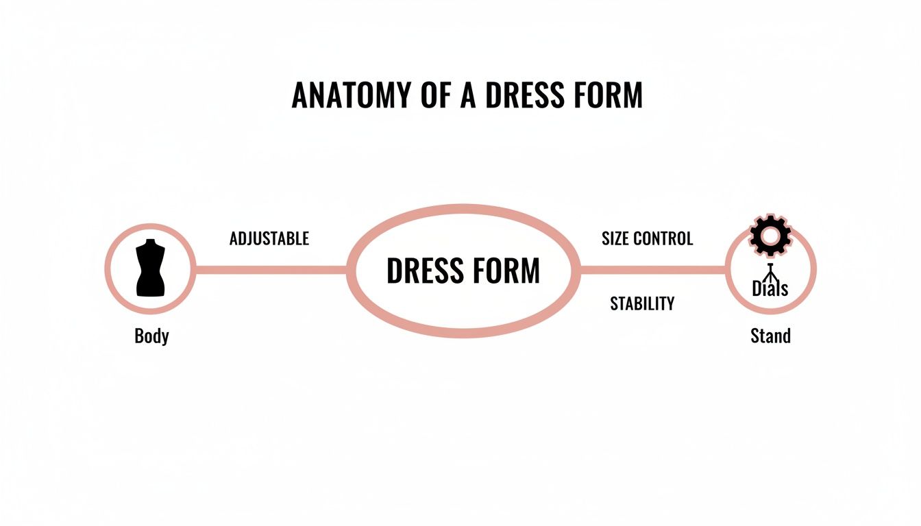 Diagram illustrating the anatomy of a dress form, detailing its adjustable body and stable stand with size control dials.