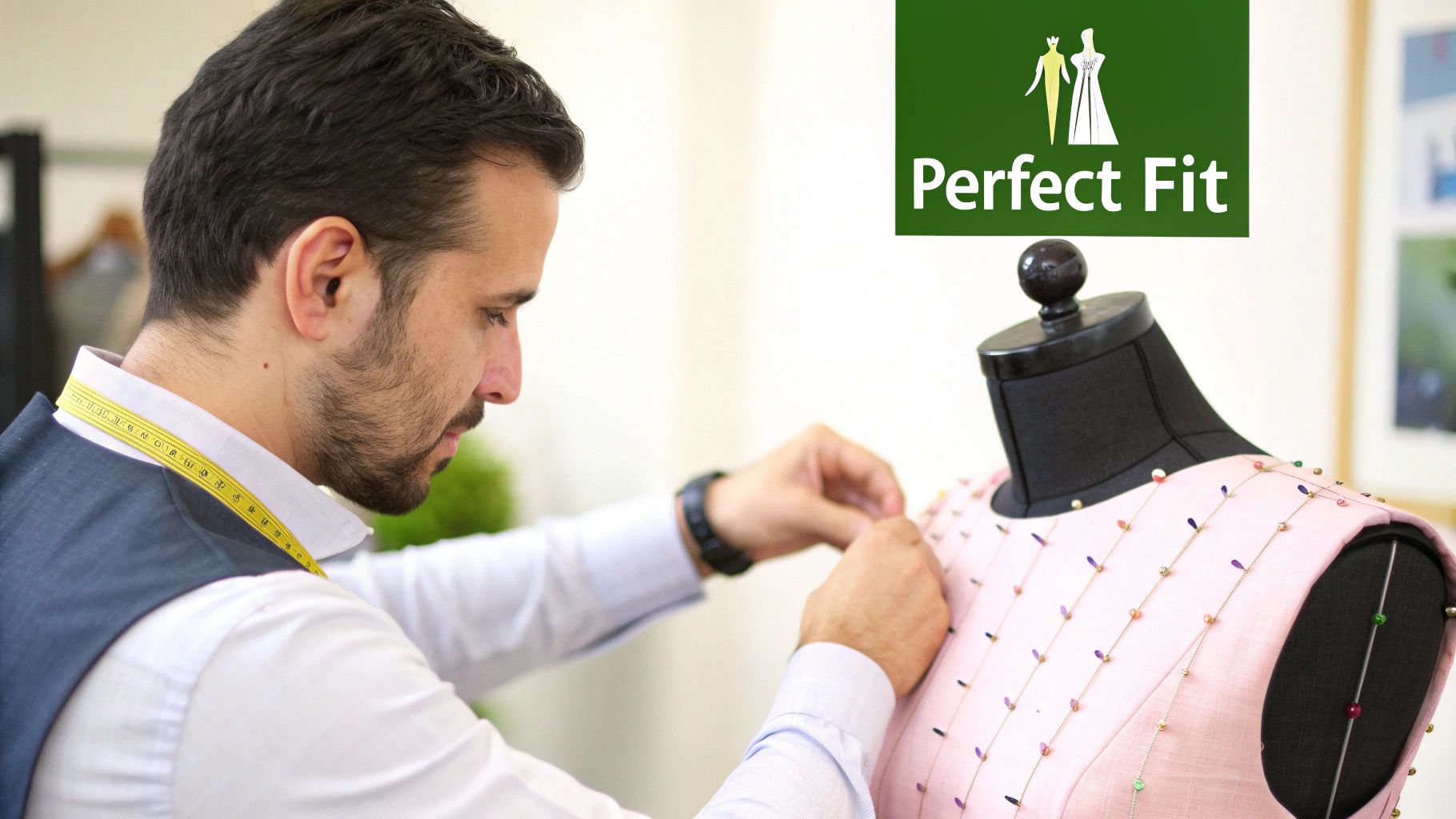 Draping fabric on a sewing adjustable mannequin with pins and measuring tape.
