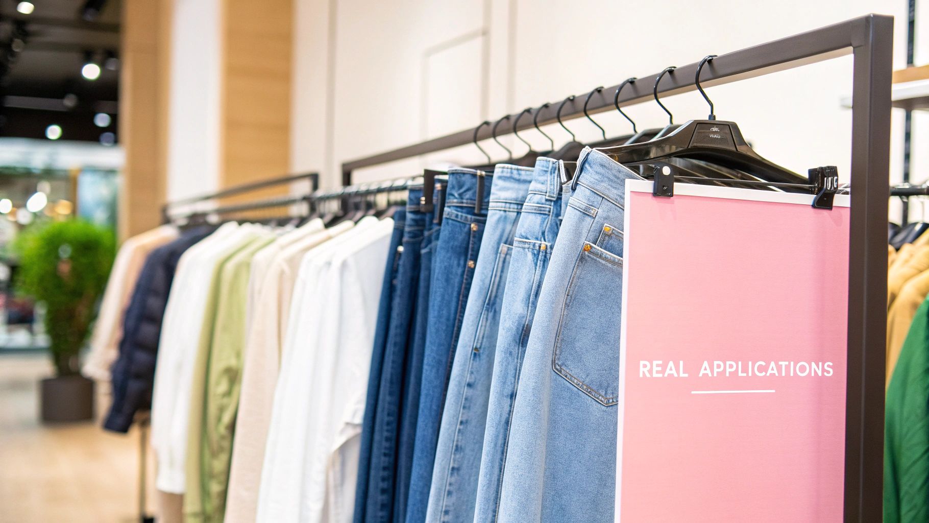A retail store interior showing heavy duty rails displaying clothing.