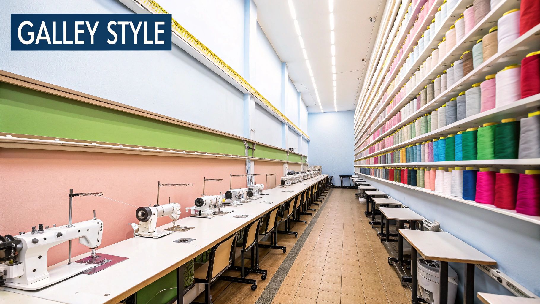 A narrow sewing room organised in a galley-style linear layout with a long countertop and vertical storage.