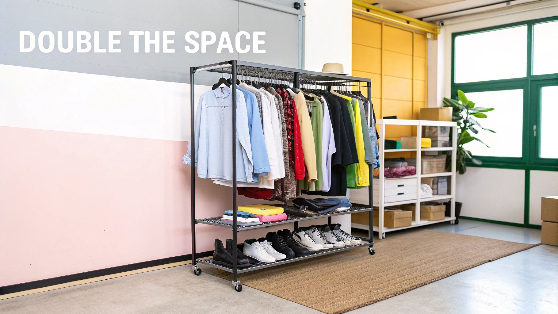 A black metal rolling garment rack with two rails full of clothes, shoes, and accessories.