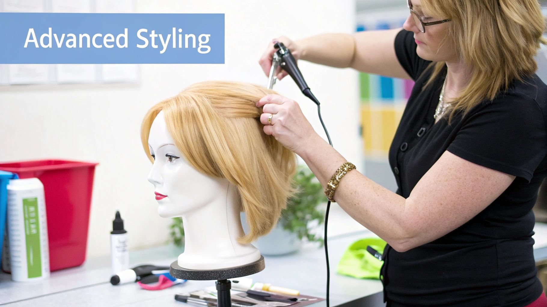 A woman uses a curling iron to style a blonde wig on a mannequin head, with 'Advanced Styling' text.