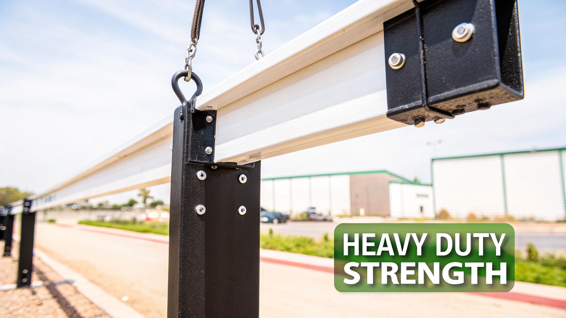 A close-up of a sturdy, black heavy duty hanging rail mounted against a white wall, showcasing its robust construction.