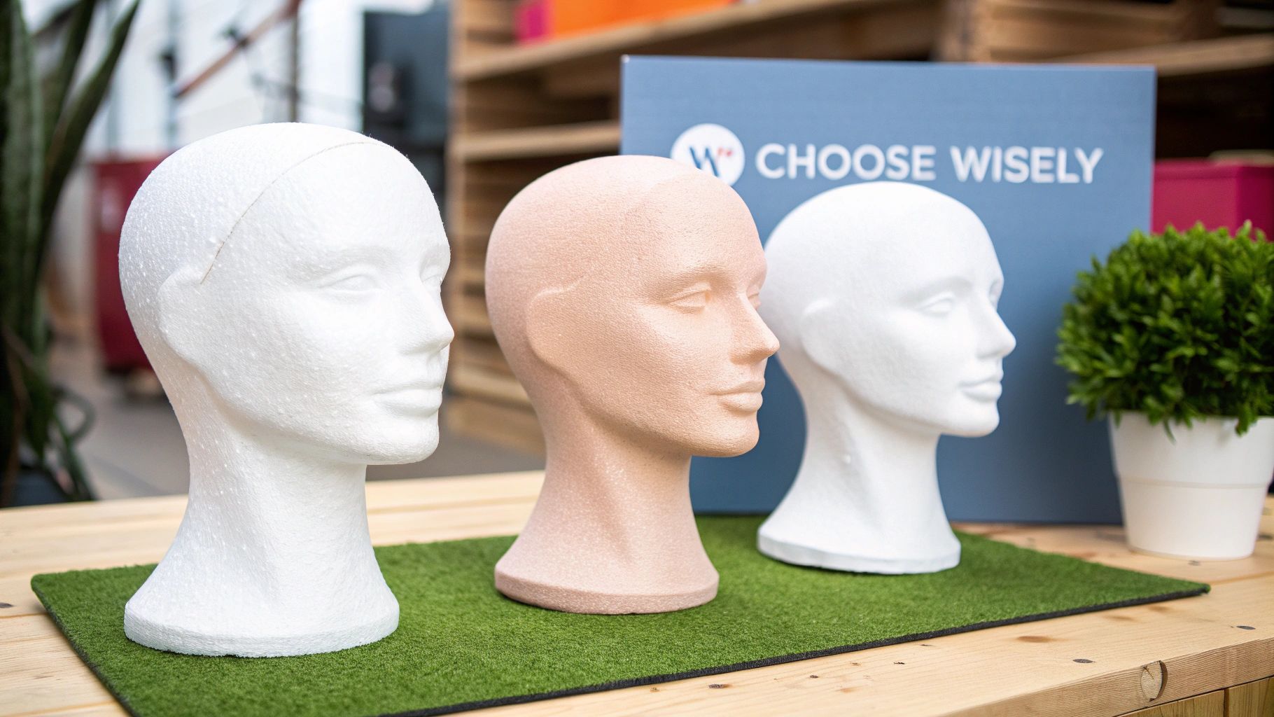A person securing a wig onto a mannequin head with T-pins.