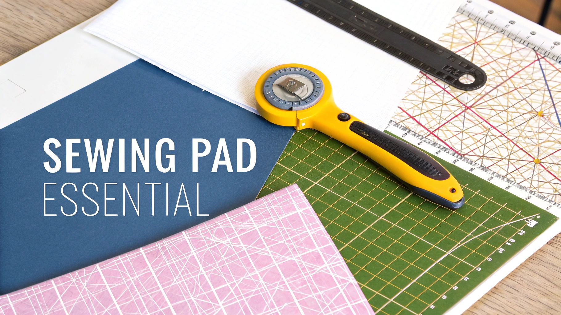 Flat lay of sewing essentials including a yellow rotary cutter, green cutting mat, and rulers.