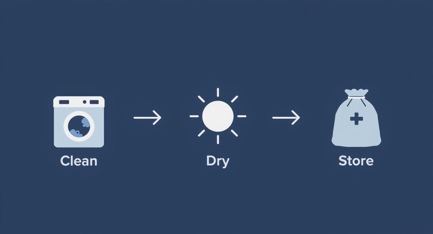 A three-step process: Clean with a washing machine, Dry under the sun, and Store in a bag.