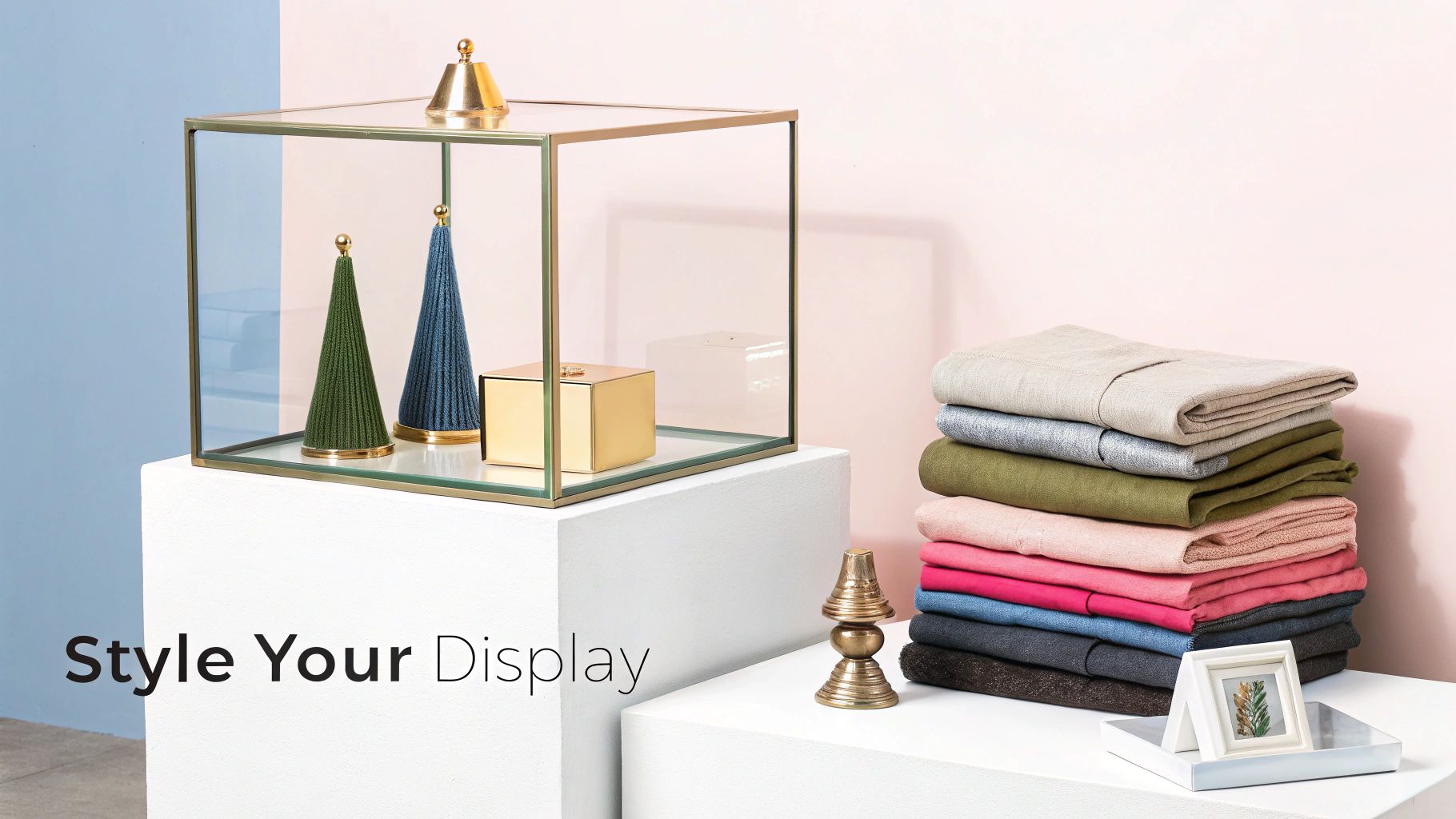 Elegant retail display featuring a glass case with ornaments and a neat stack of folded apparel.