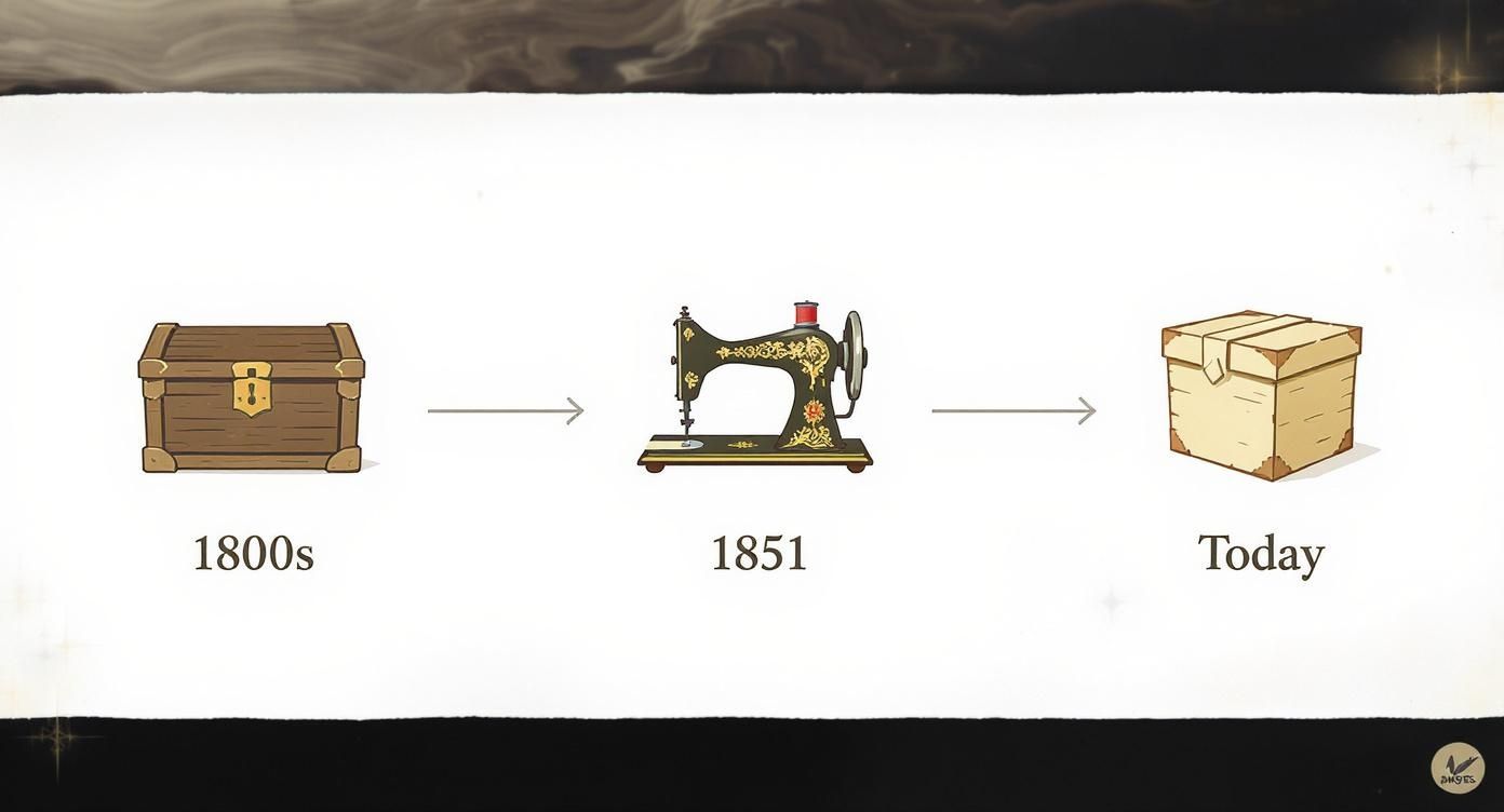Timeline showing evolution of sewing storage: 1800s wooden chest, 1851 sewing machine, modern box.