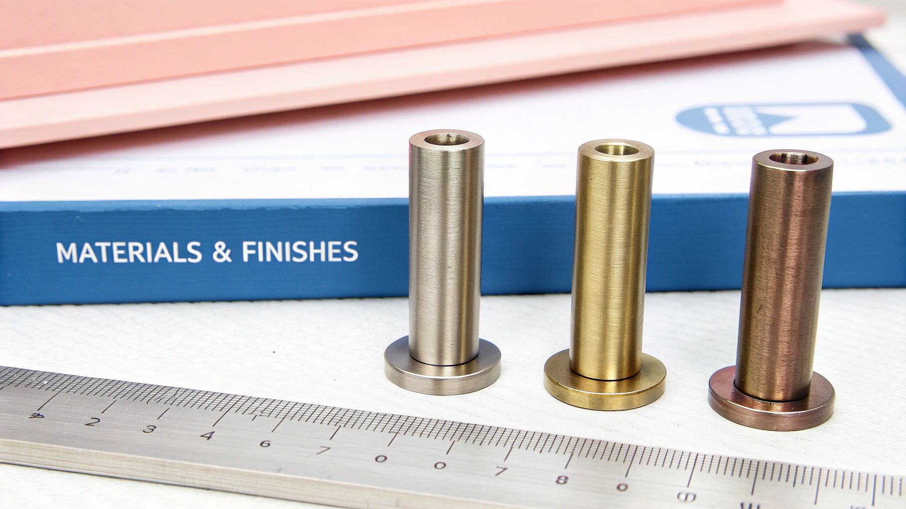 Three metal components in brushed silver, brass, and bronze finishes, with a ruler and materials box.