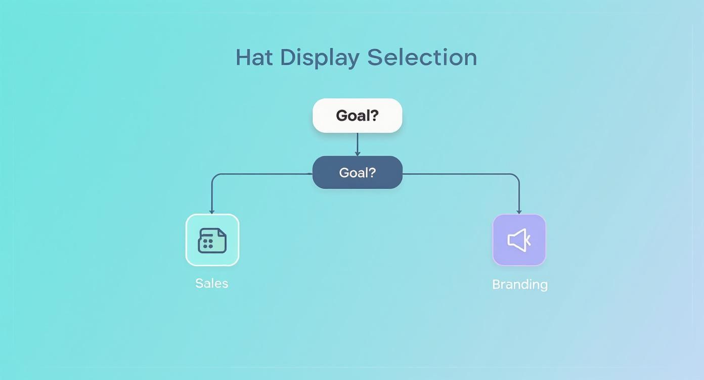 Flowchart diagram showing hat display selection process with two goal-based paths for sales and branding