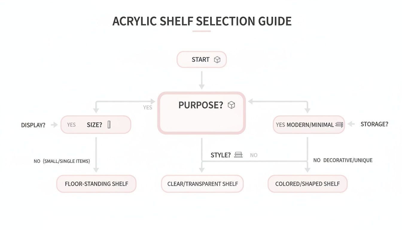 Flowchart guiding users through the selection of acrylic shelves based on purpose, size, and style.