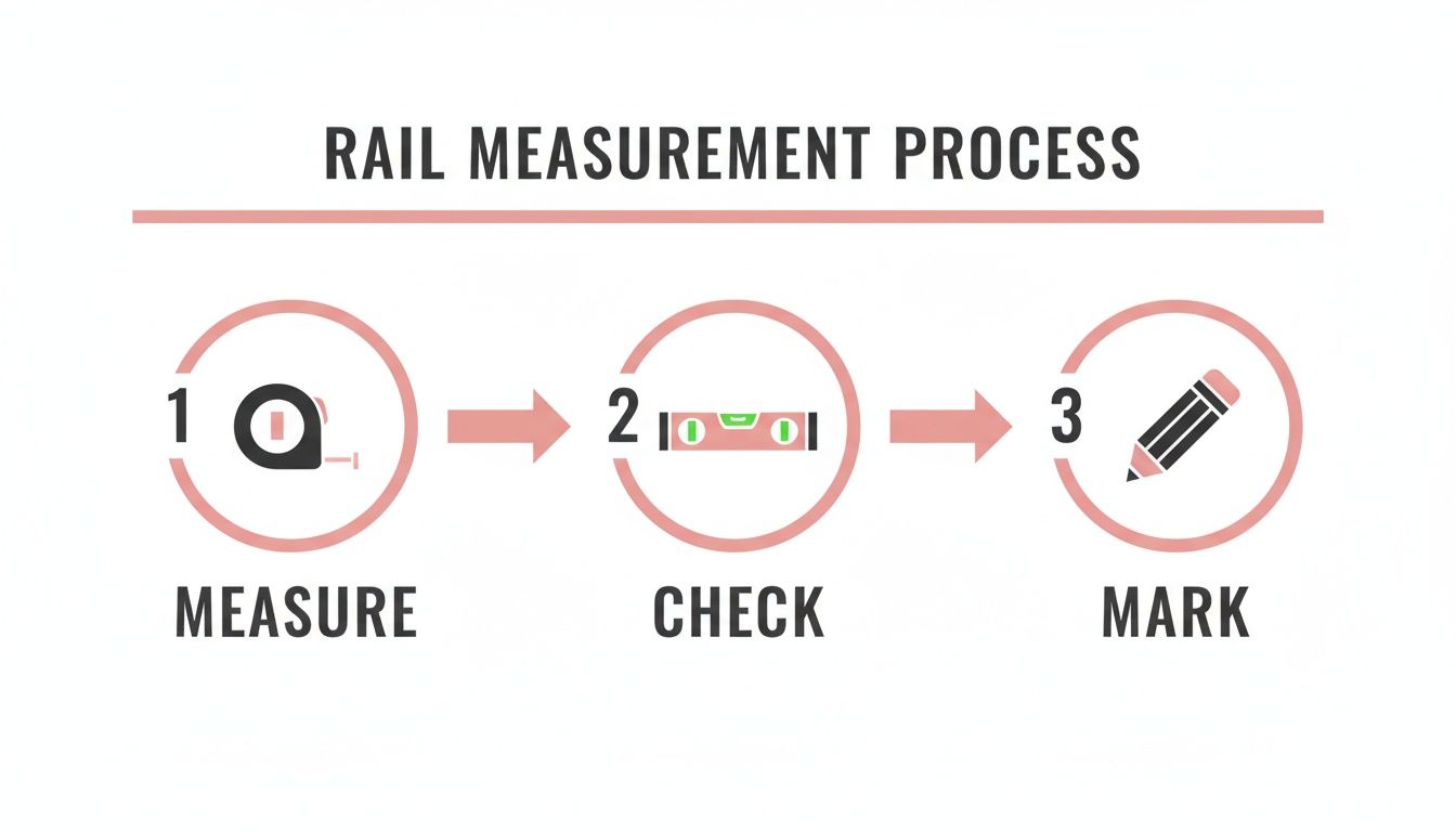 Infographic showing three steps for rail measurement: measure, check with a level, and mark.