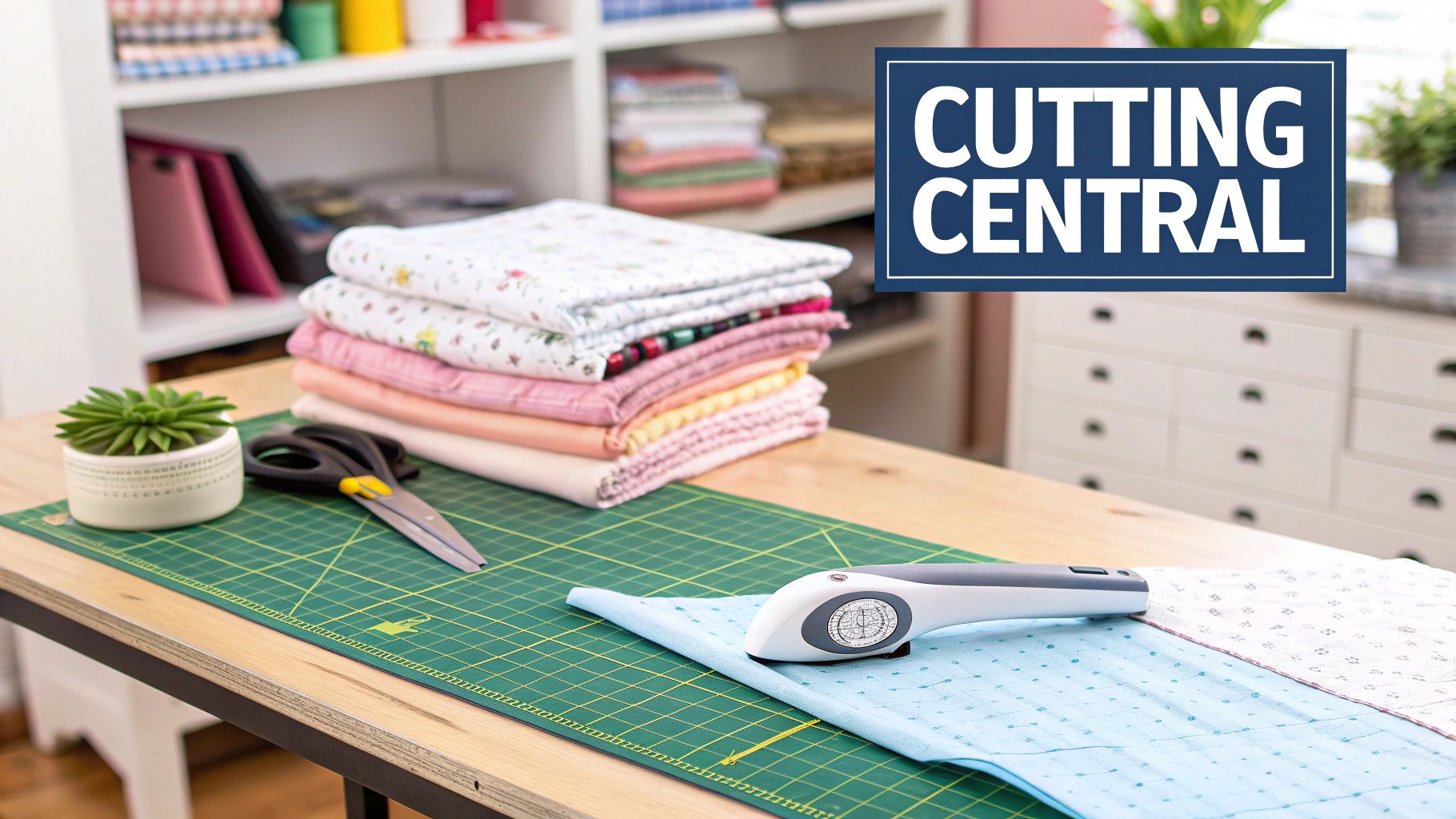 A sewing cutting table with stacked colorful fabrics, scissors, a rotary cutter, and a plant.