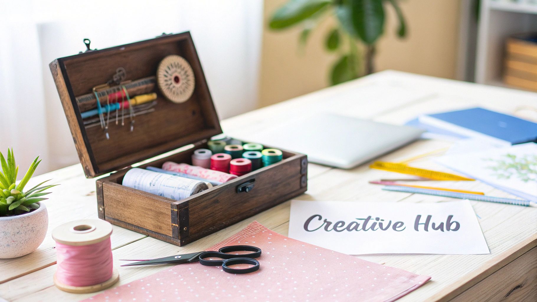 An open wooden sewing box filled with colorful threads and crafting supplies on a creative workspace.