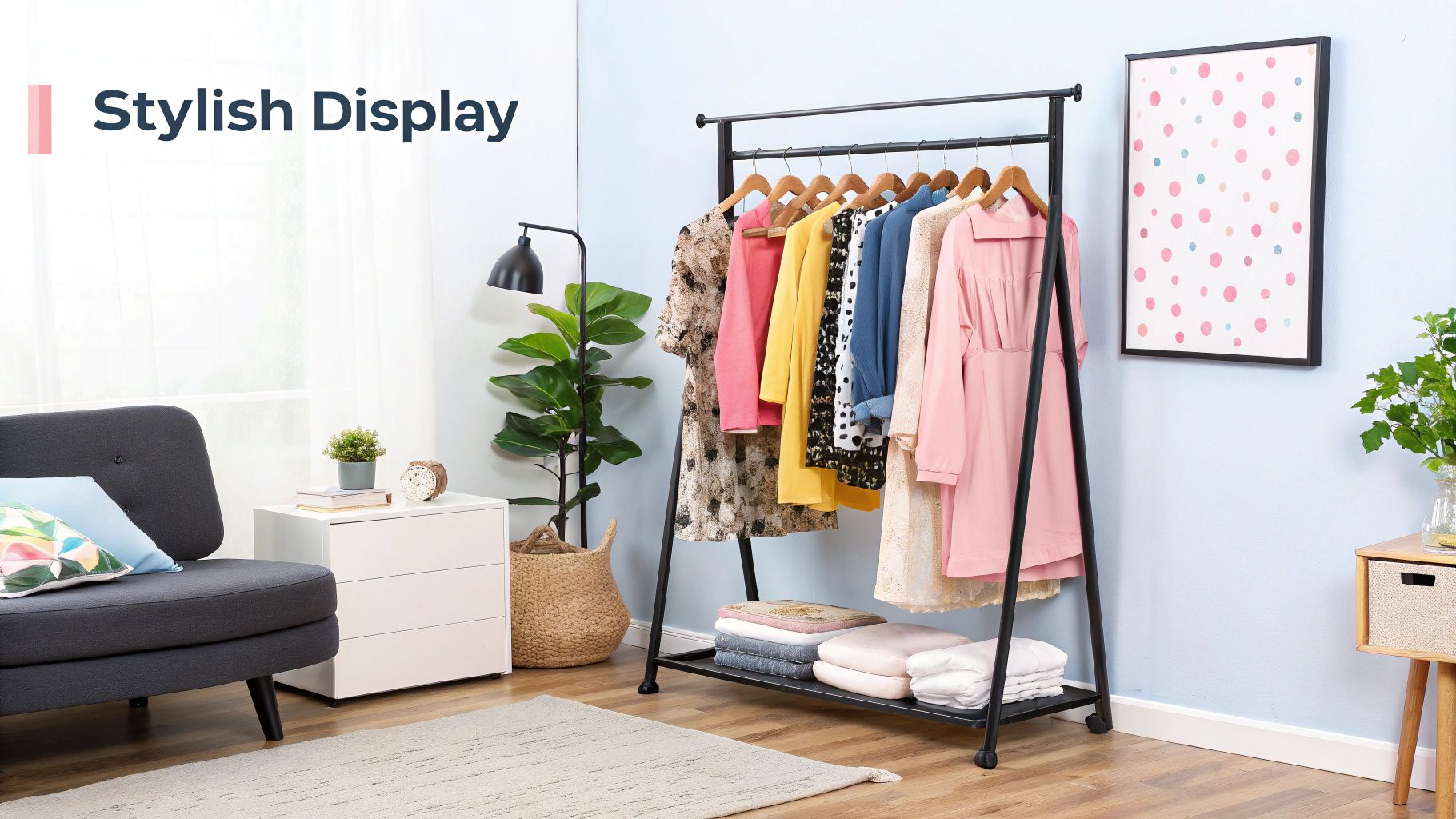 A perfectly organised portable clothing rack in a stylish room setting.