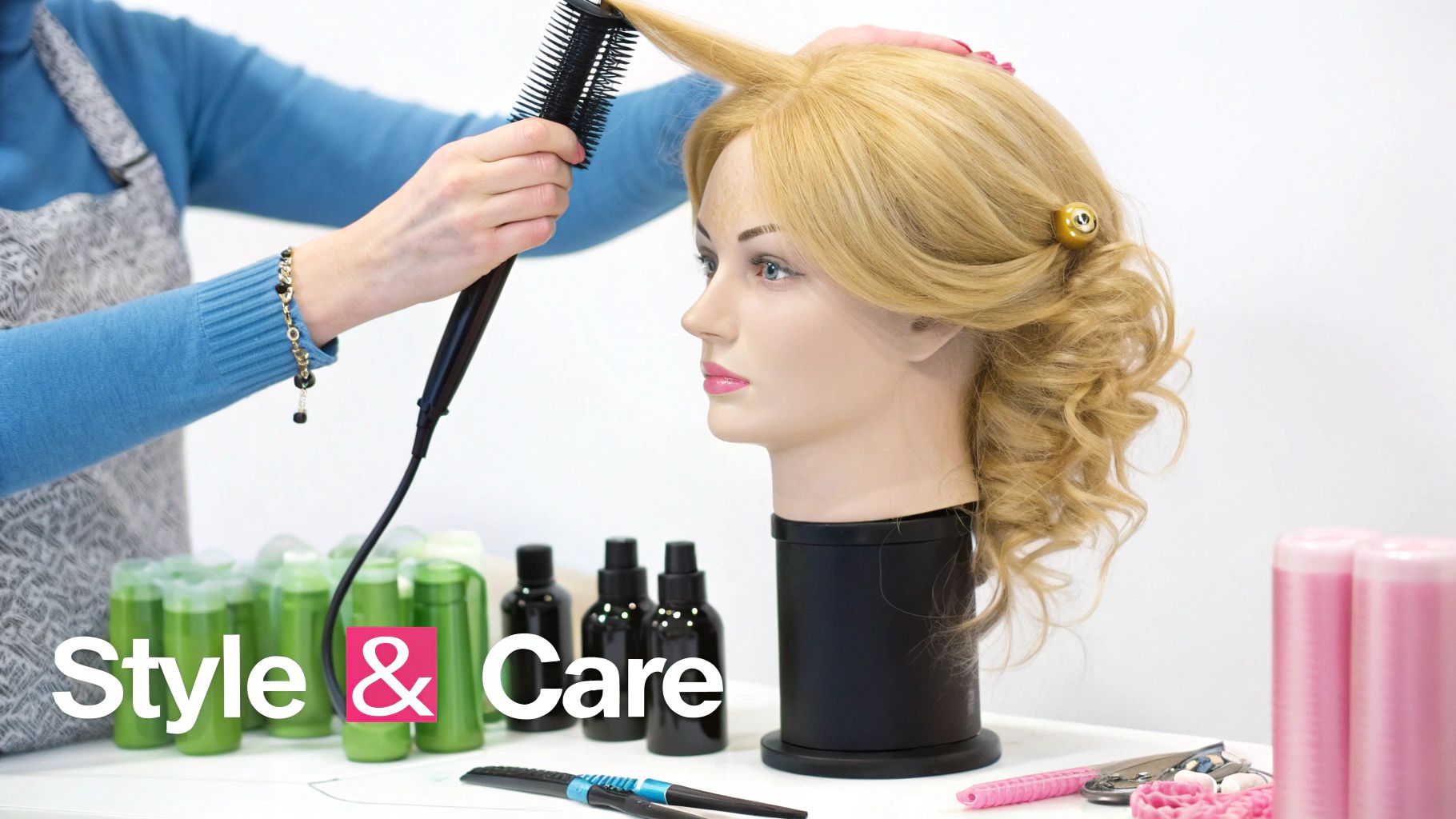 A wig on a mannequin head being styled with a comb.