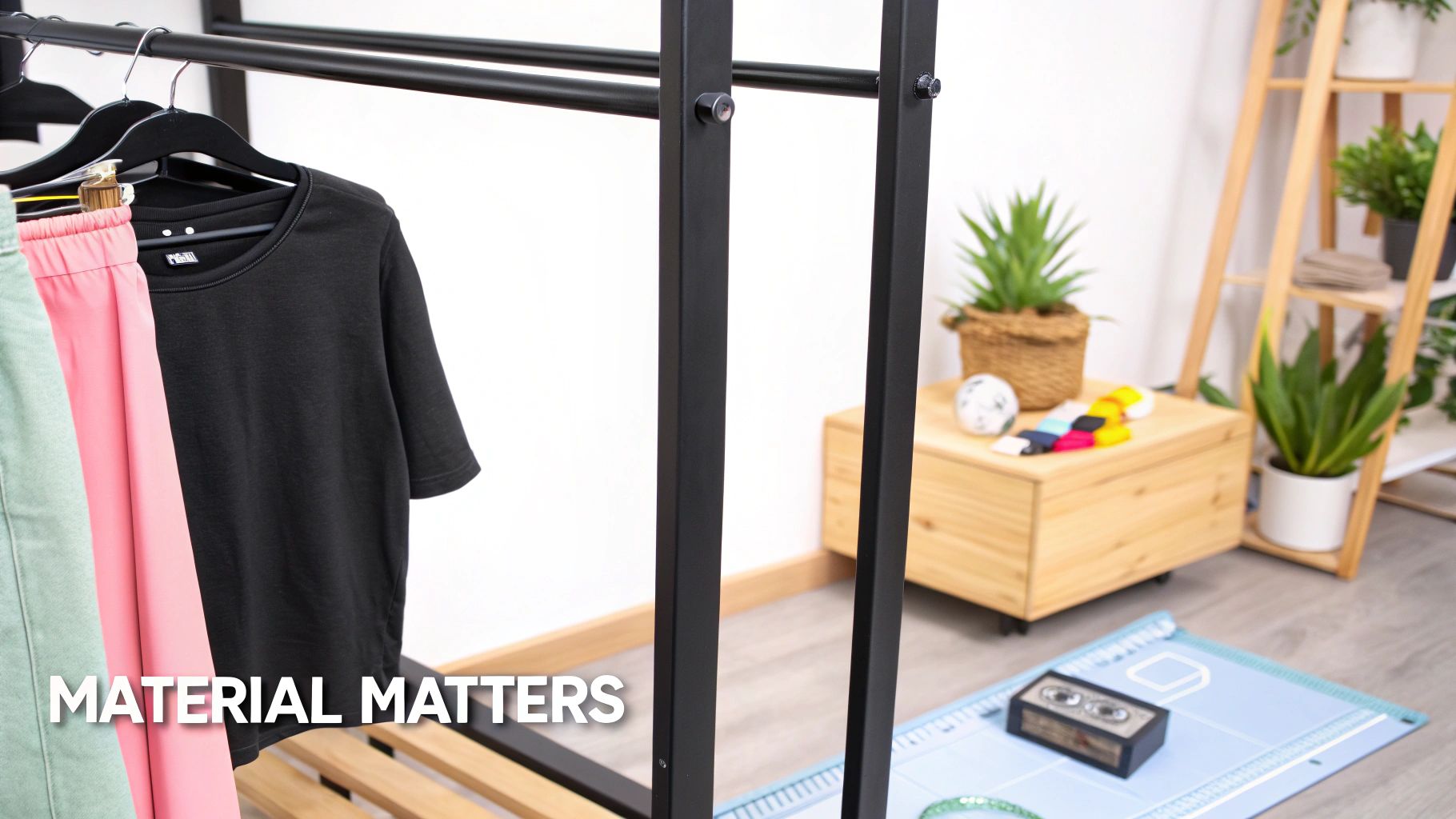 A black metal garment rack holds clothes, including a black t-shirt and pink shorts, in a bright room with plants.