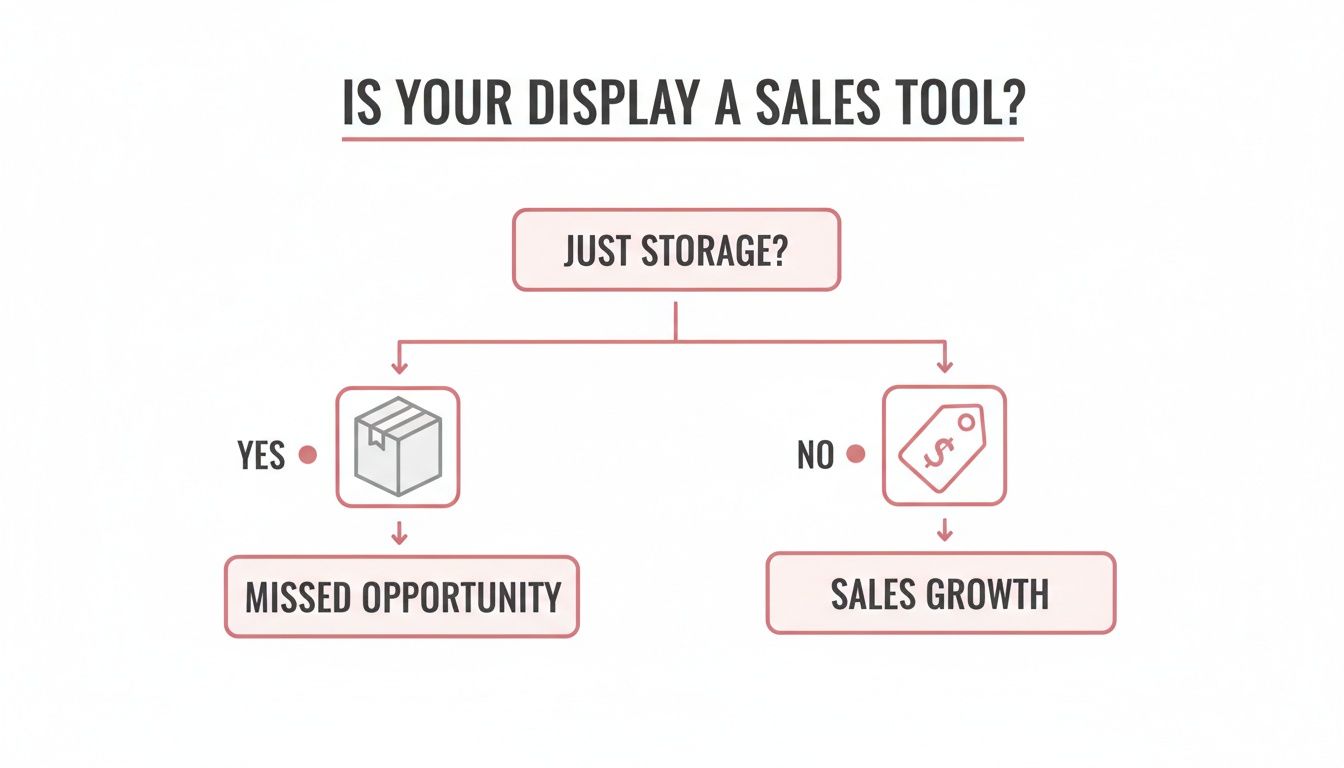 A flowchart demonstrates how retail displays function, either as storage (missed opportunity) or a sales tool (sales growth).
