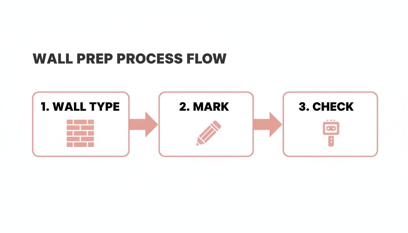 A wall preparation process flow diagram showing three steps: wall type, mark, and check.