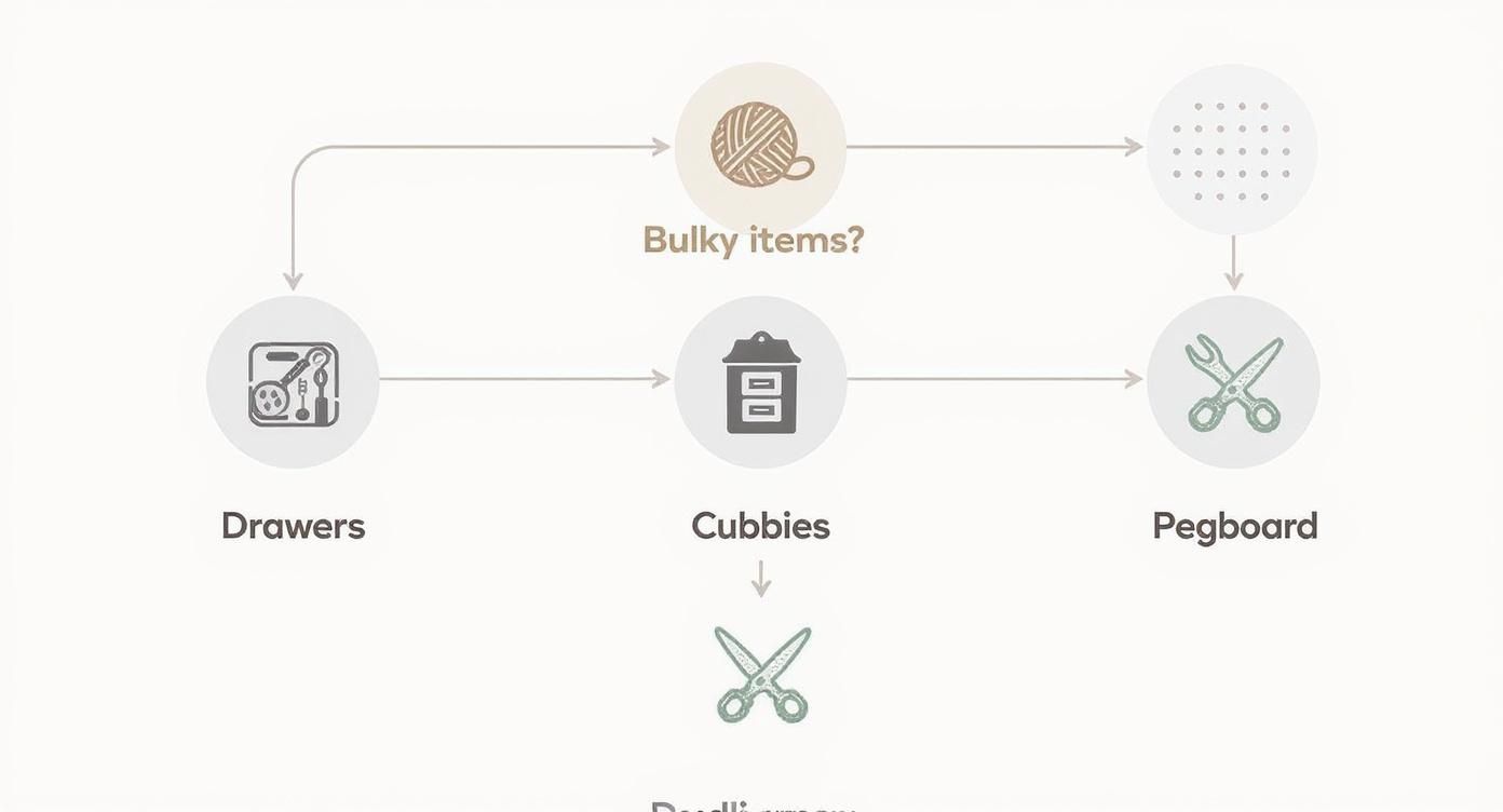 Flowchart illustrating optimal storage solutions for craft supplies using drawers, cubbies, and a pegboard.