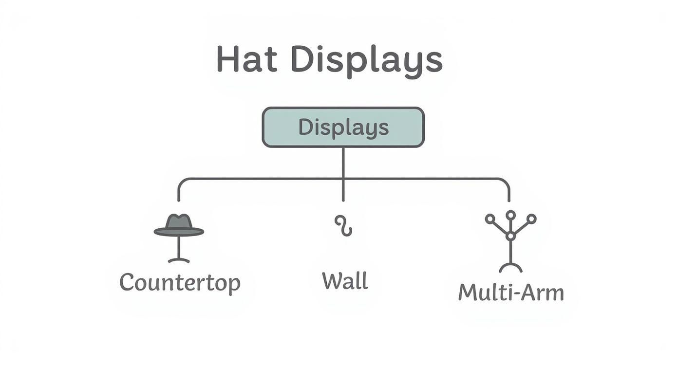 Infographic showing a hierarchy diagram for different types of display stands for hats, including countertop, wall-mounted, and multi-arm stands.