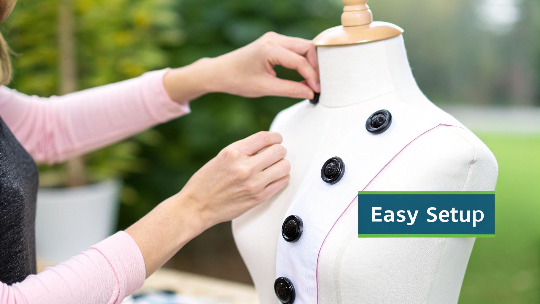 Woman adjusting an adjustable mannequin for sewing