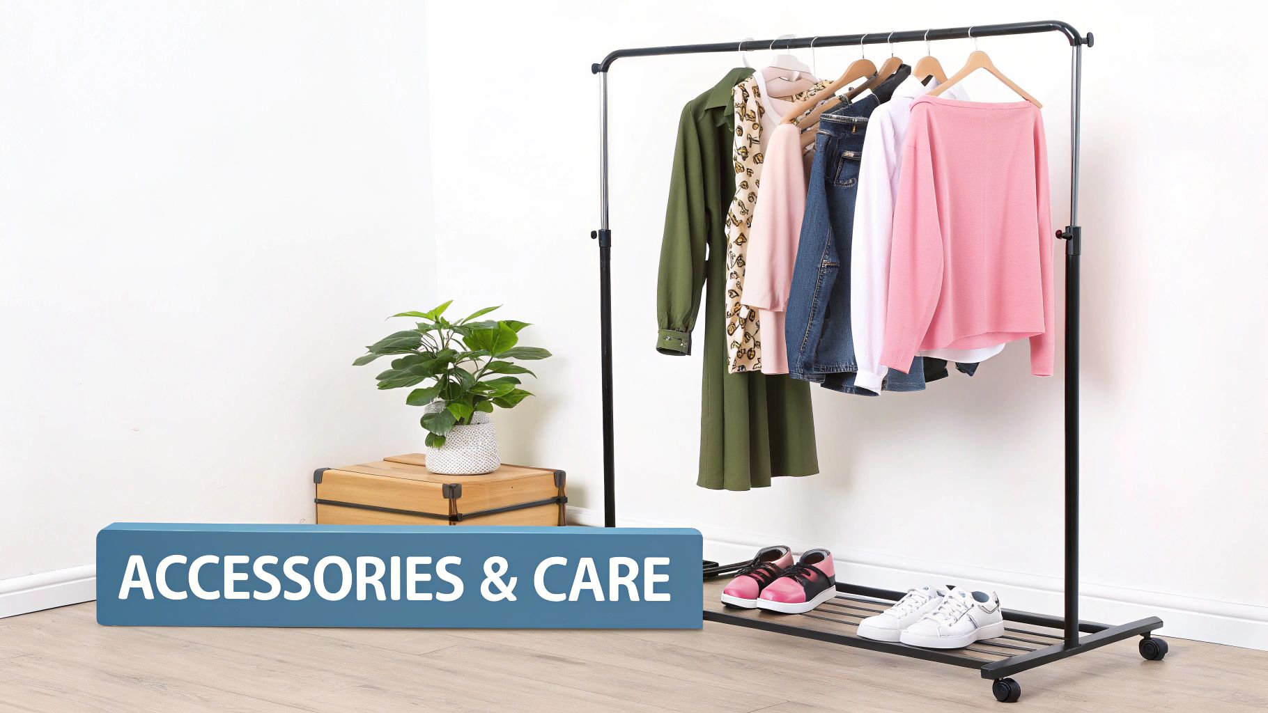 A mobile clothing rail with various clothes, shoes, a potted plant, and an 'ACCESSORIES & CARE' sign.