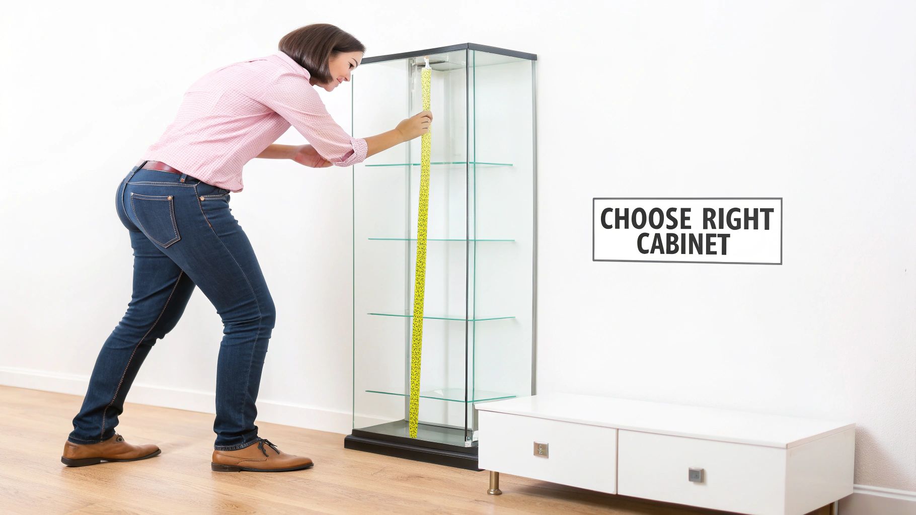 A modern glass display wall cabinet mounted on a grey wall, showcasing decorative vases.