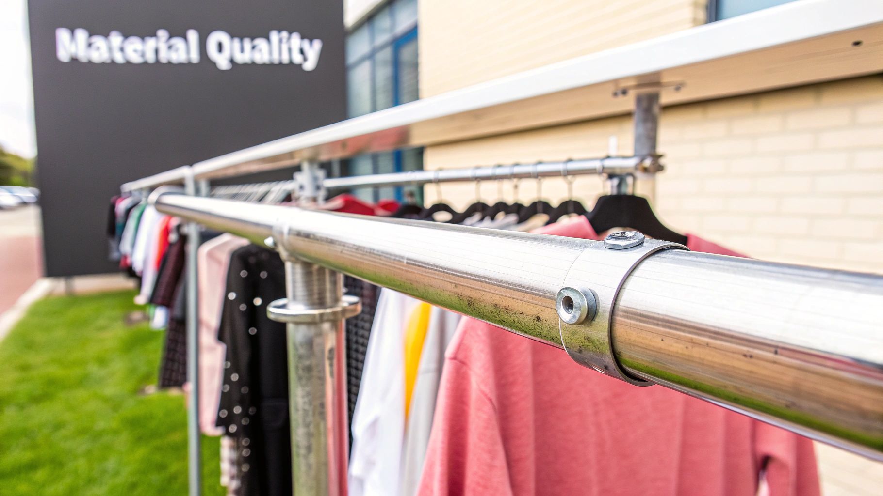 A close-up of a sturdy, black powder-coated steel clothes rail showing its quality construction.