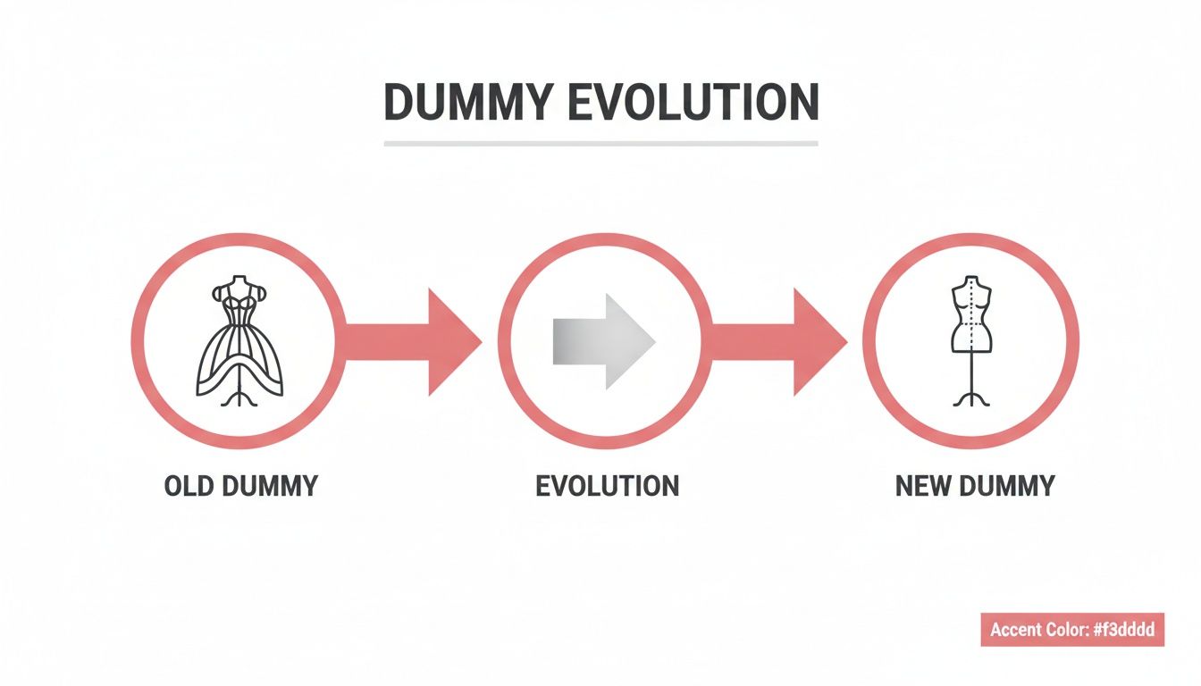 Diagram illustrating the evolution from an old, ornate dress form to a modern, adjustable tailor's dummy.