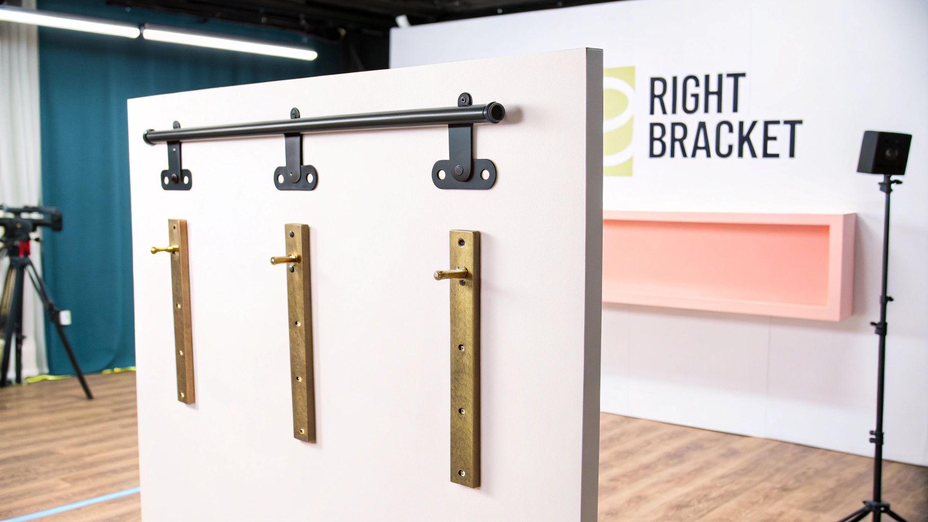 A close-up of a stylish metal hanging rail bracket mounted on a white wall