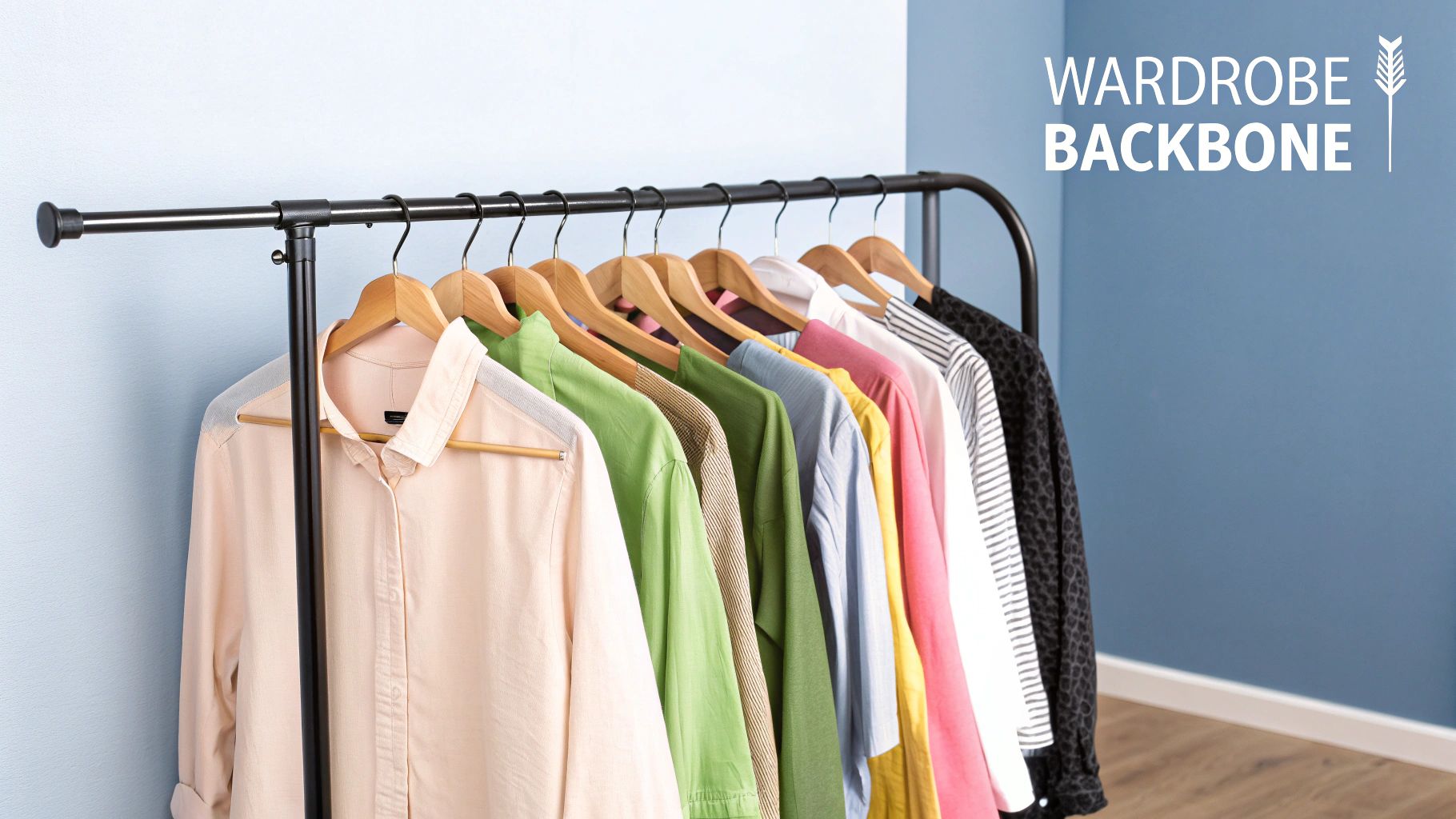 A colorful collection of shirts and blouses hangs on a black metal wardrobe rail against a blue wall.