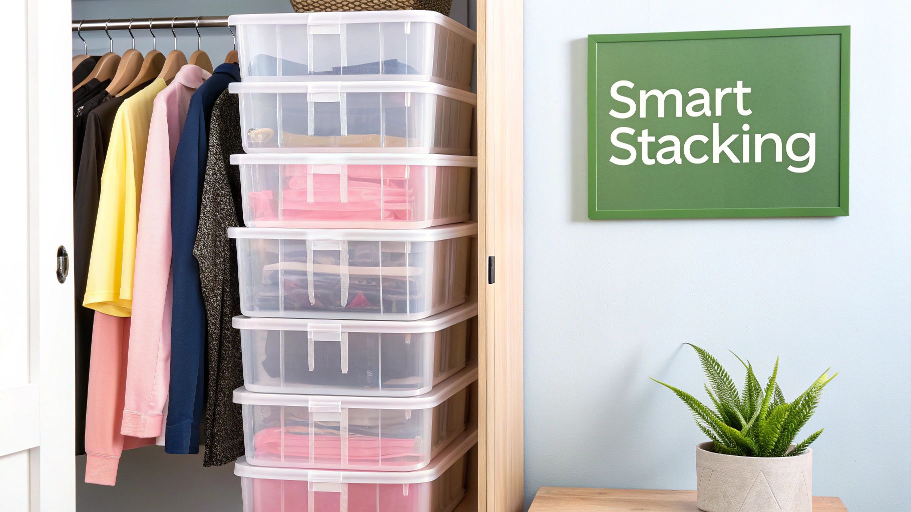 A neatly organised room with clear plastic stacking storage boxes on shelves