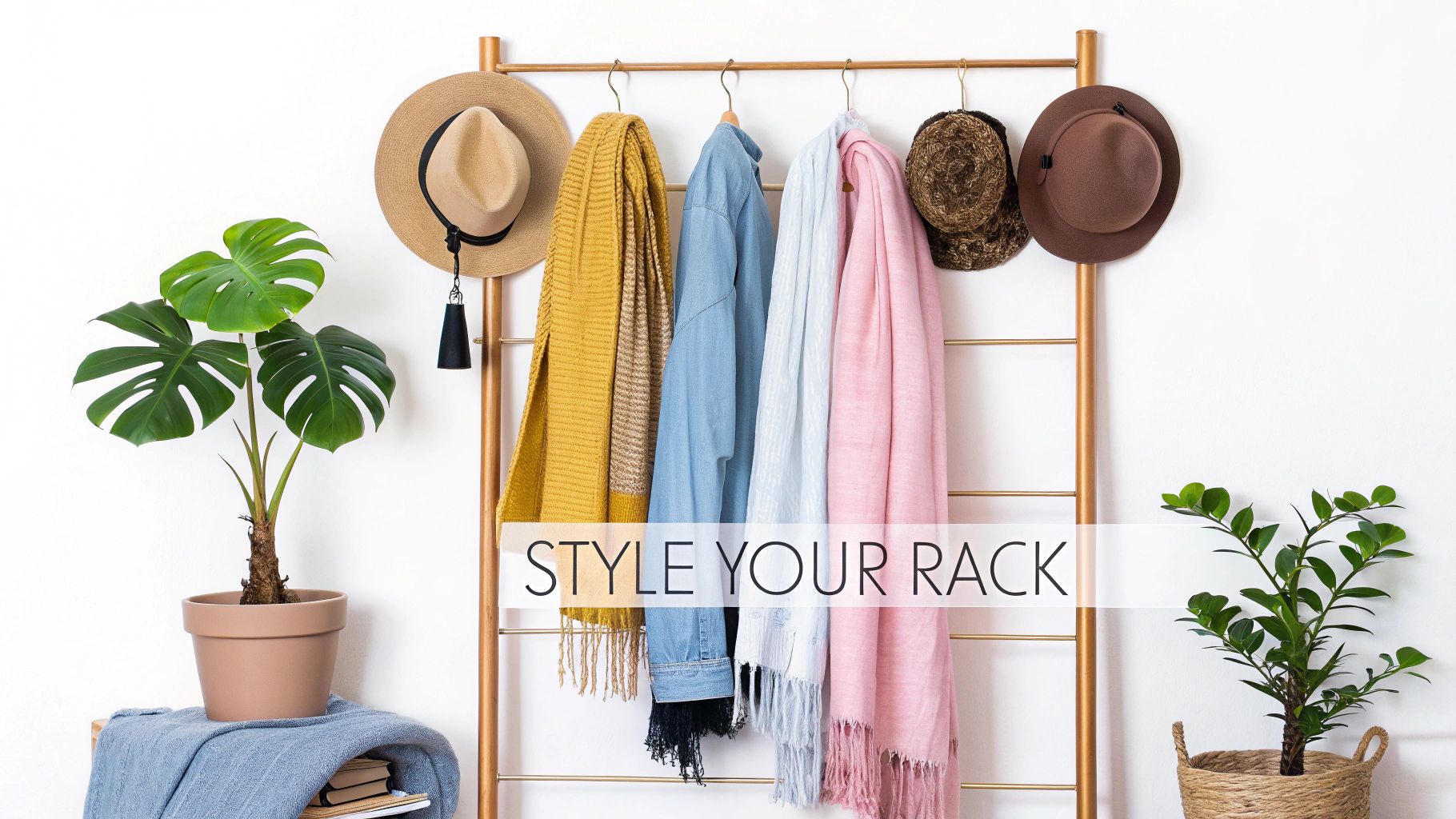 A stylishly organised clothing wall rack featuring colour-coordinated garments, a hat, and a small plant.