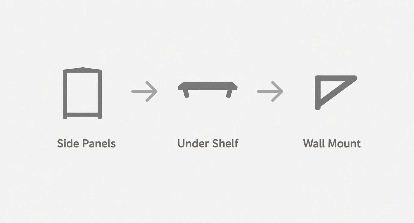 Diagram showing three different shelving components: side panels, under shelf, and wall mount.