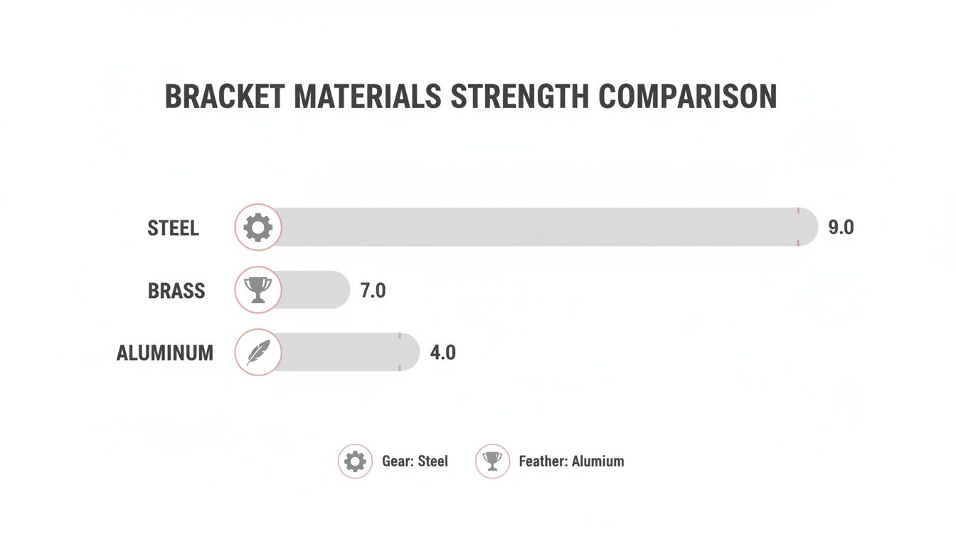 A bar chart comparing the strength of bracket materials: Steel (9.0), Brass (7.0), and Aluminum (4.0).