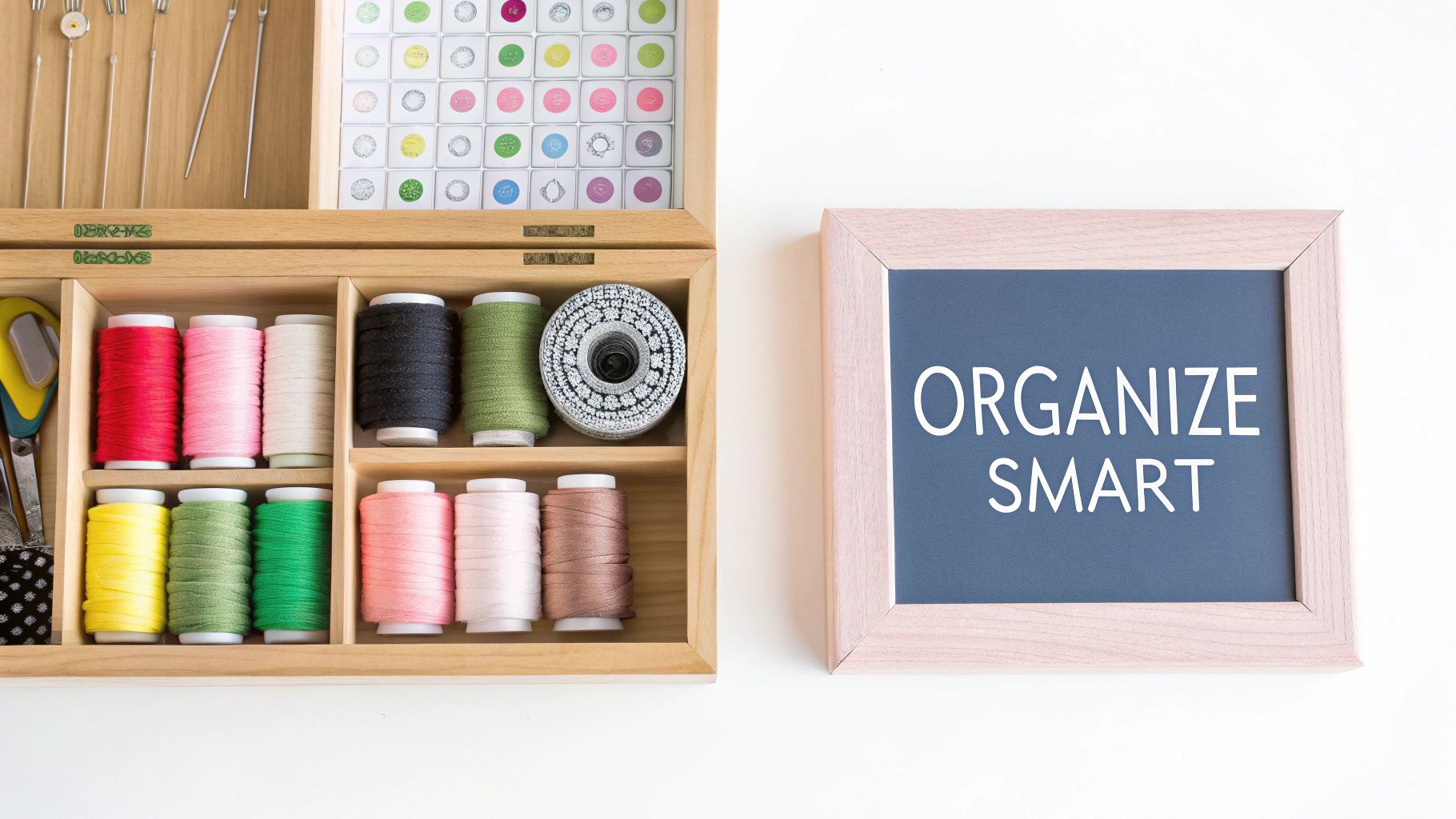An open wooden sewing box filled with colorful threads, scissors, and other craft tools, next to a framed 'ORGANIZE SMART' sign.