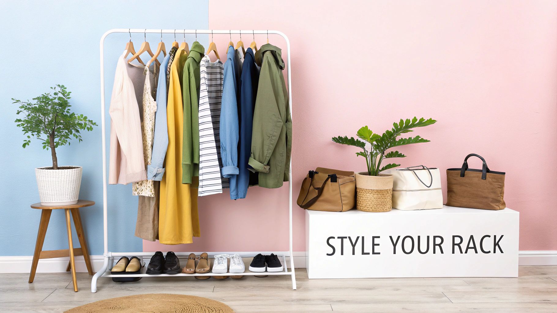 A beautifully styled clothes rack wall with coordinated clothing, plants, and accessories, creating an aesthetic focal point.