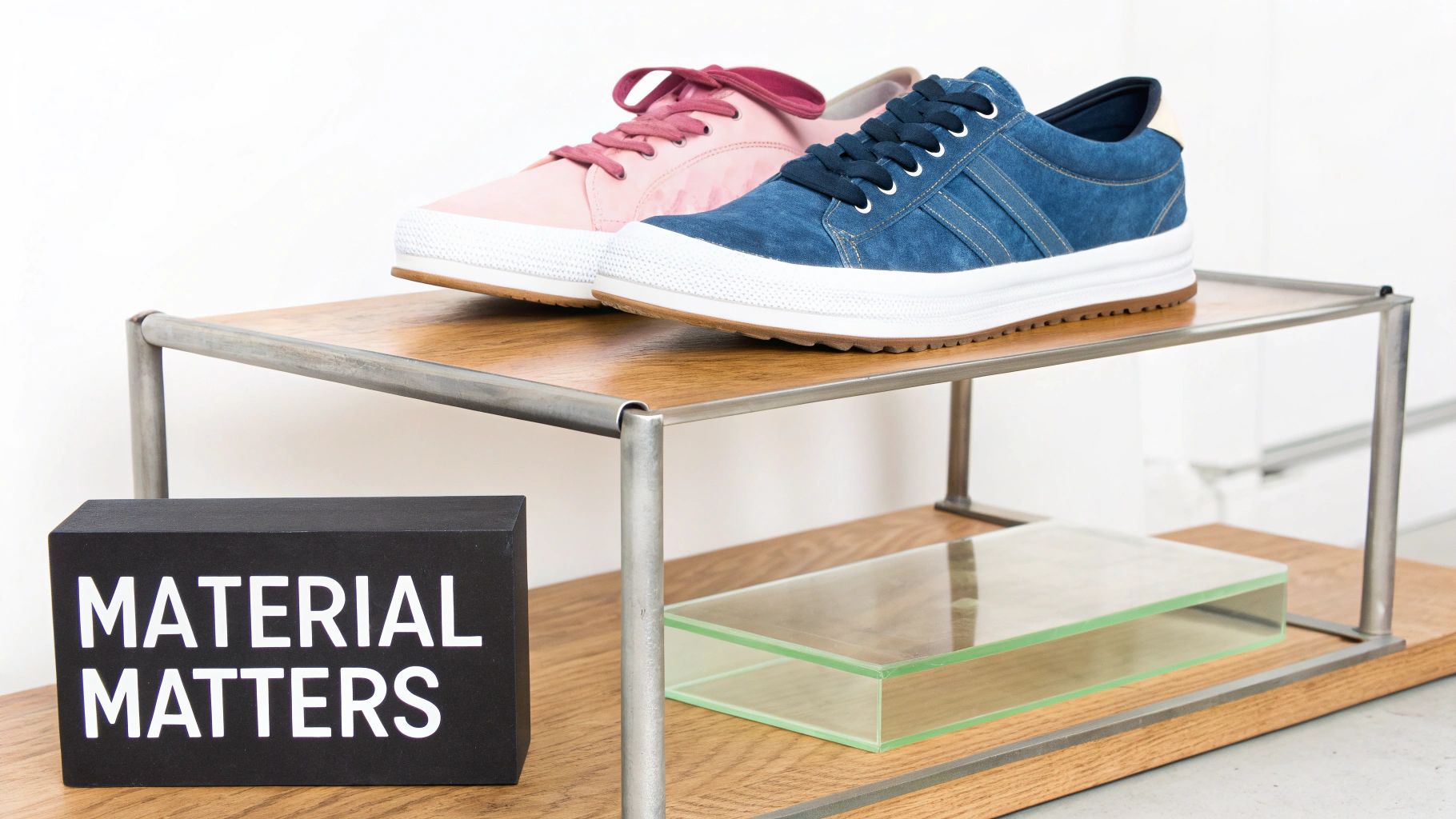 Pink and blue sneakers elegantly displayed on a modern wooden and metal shoe rack, with a 'MATERIAL MATTERS' sign.