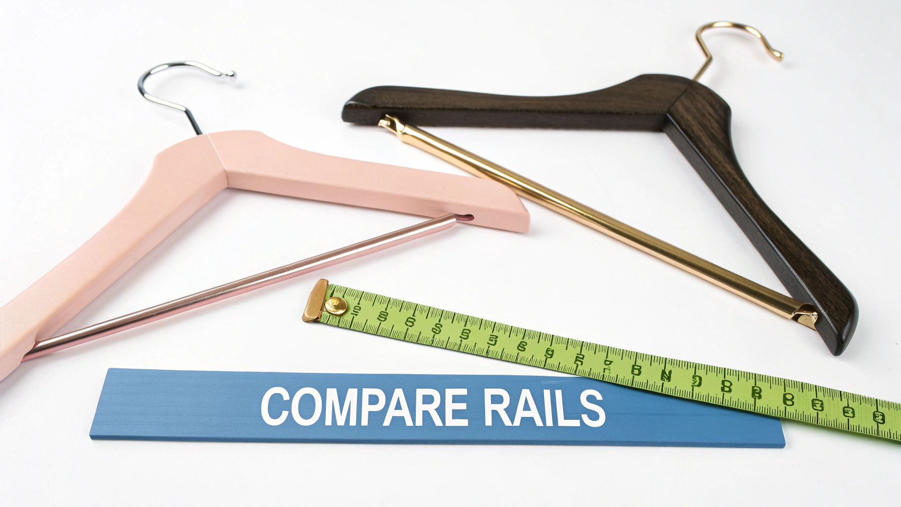 Two stylish wardrobe hangers with rails, a measuring tape, and a 'COMPARE RAILS' sign.