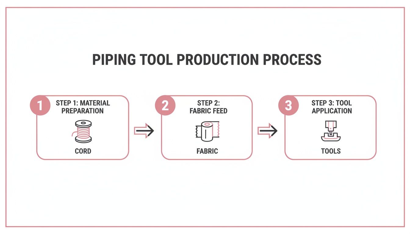 A flowchart illustrates the three-step piping tool production process: material preparation, fabric feed, and tool application.