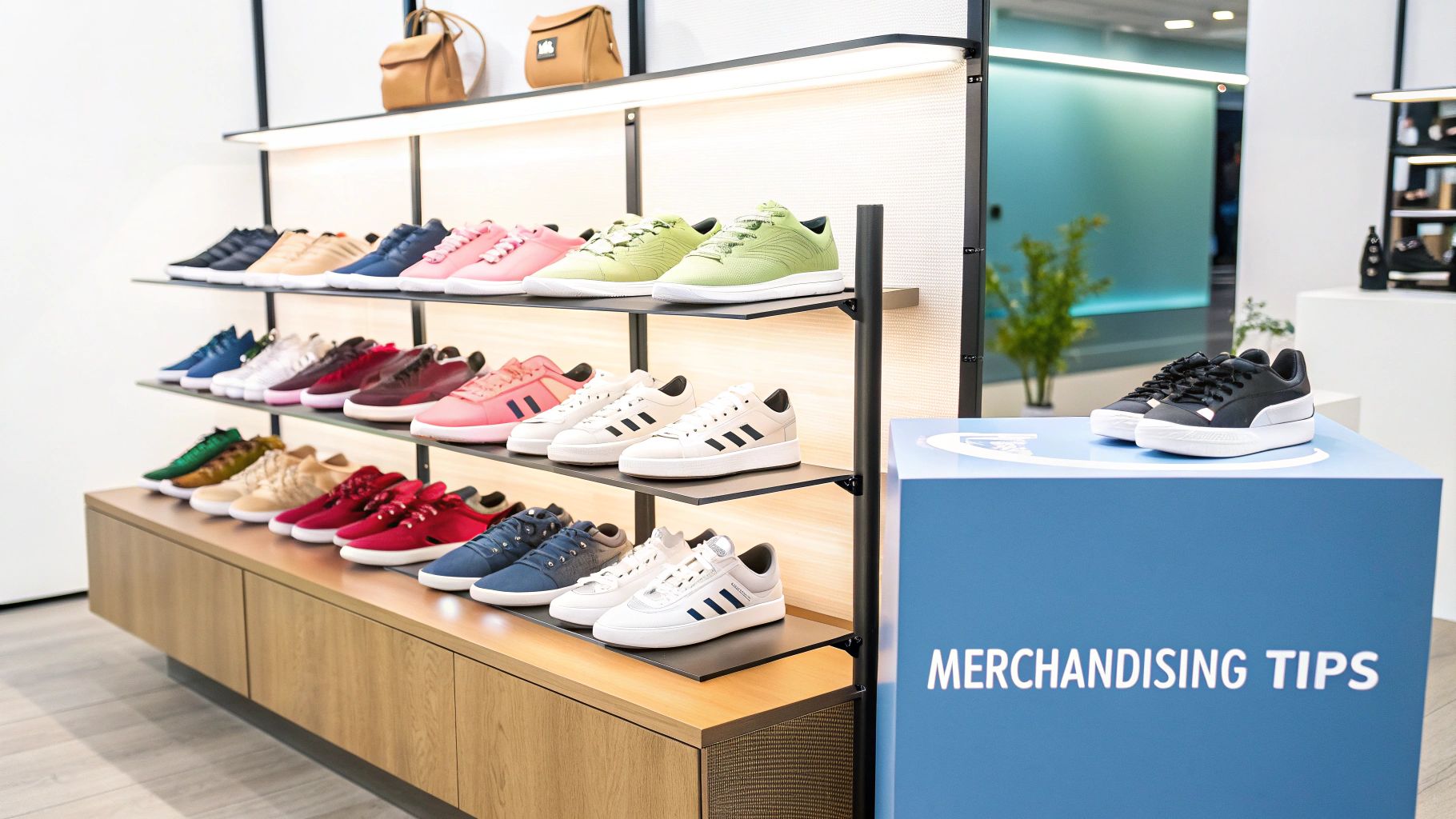 A well-merchandised wall of shoes on display racks