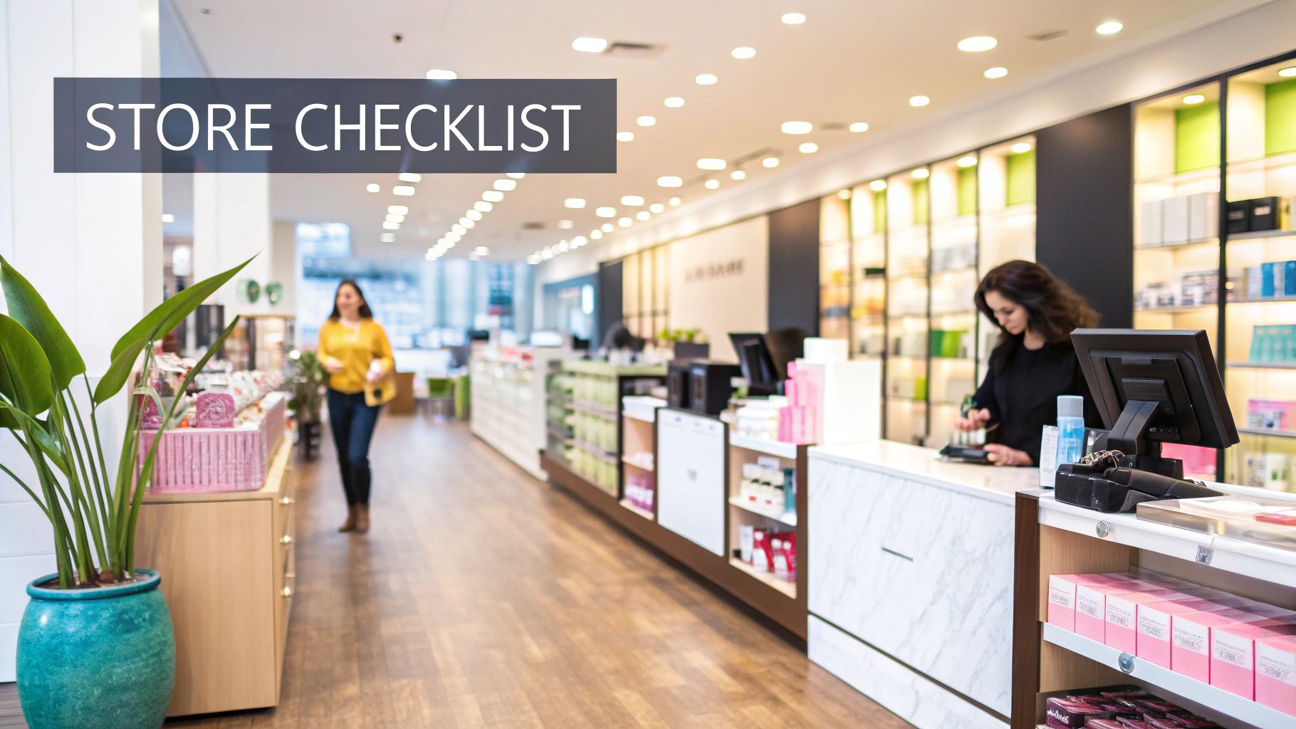 A bright retail store interior with a cashier, a customer, and products on display with a 'Store Checklist' overlay.
