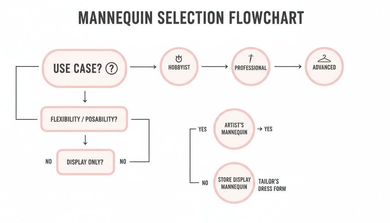 Mannequin selection flowchart guiding choices based on use case, flexibility, and display needs.