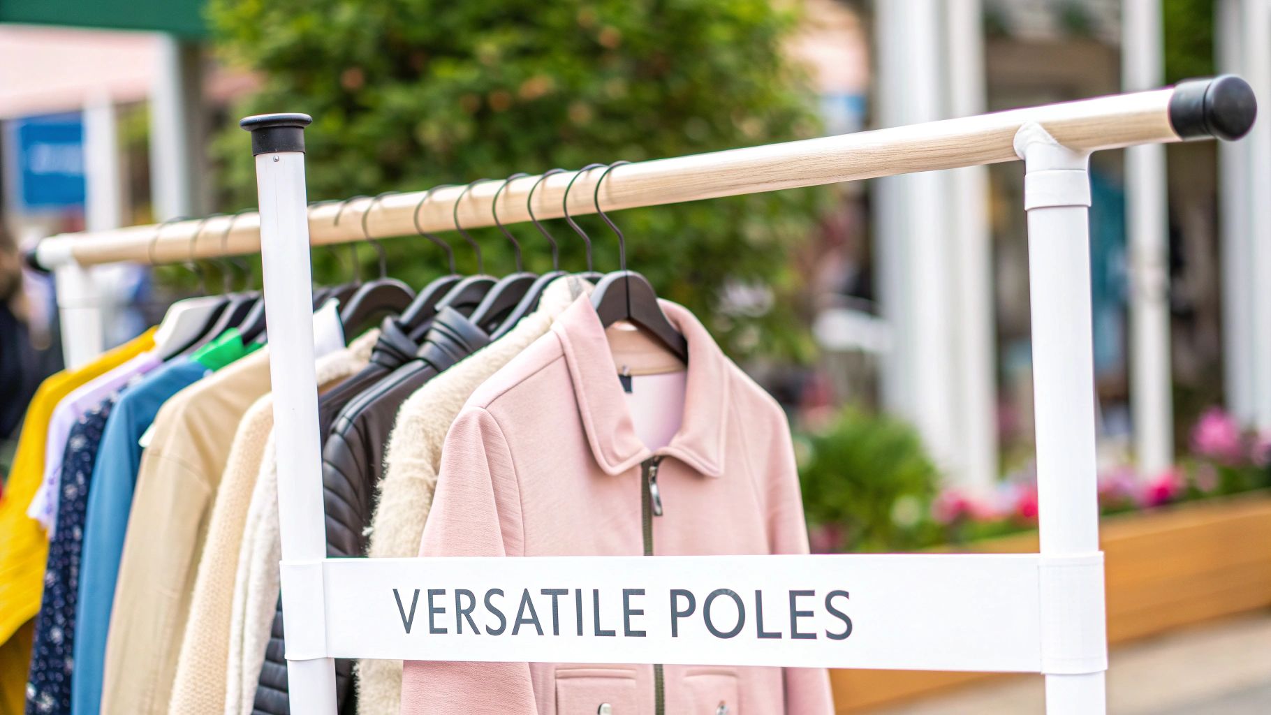 A stylish retail space using industrial-style clothes hanging poles for an open, minimalist display.