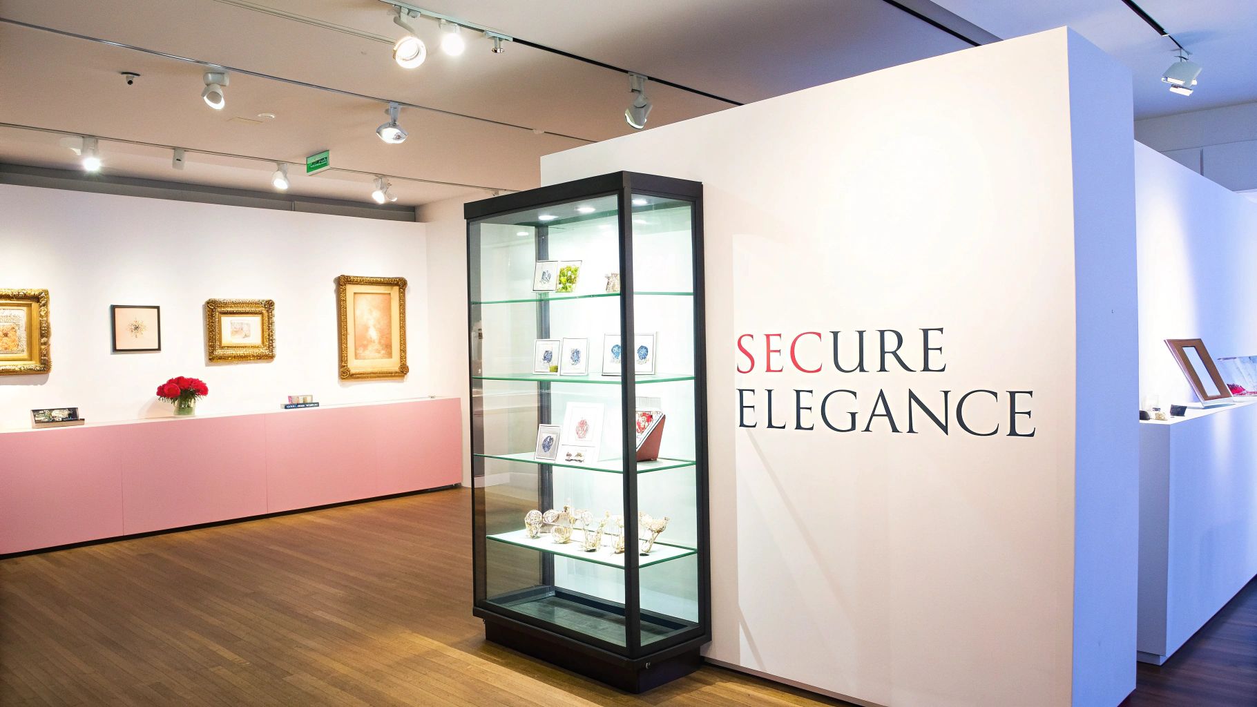 Modern black framed lockable glass display cabinet showcasing elegant items in contemporary gallery setting